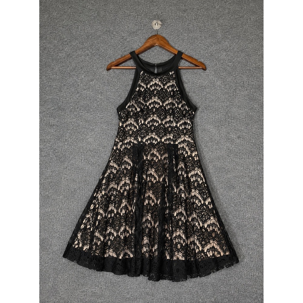 Fairy Black Lace Fit&Flare Skater Dress Sleeveless Nude Lined Floral Mini Size L